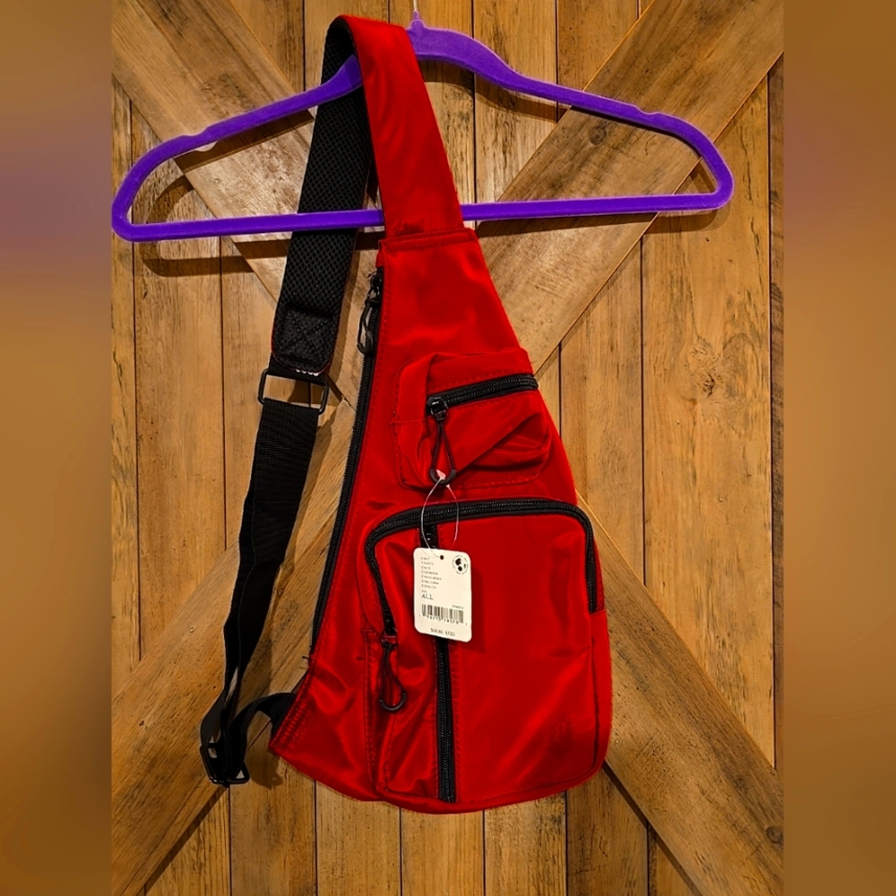 Free People Movement Red Sling Bag Multiple Pockets Logo NWT $68 Retail